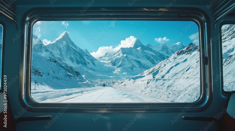 Naklejka premium Scenic mountain view through a train window showcasing snow-covered peaks and bright blue skies in a winter landscape