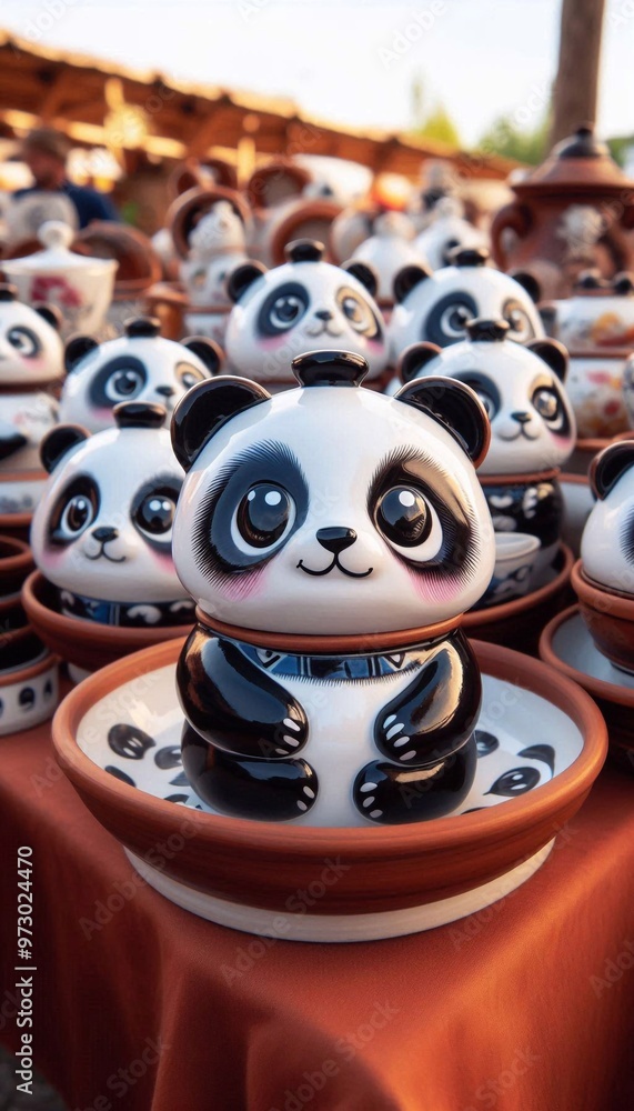italienische Töpferwaren mit einem Pandabär Motiv auf einem Markt in Italien italienische Töpferwaren mit einem Pandabär Motiv auf einem Markt in Italien