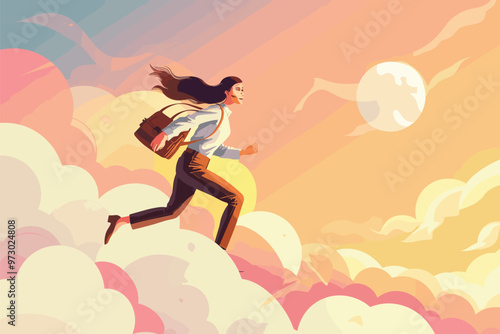 Ambitious woman chasing career dreams. Businesswoman searching for passion and happiness in her job, symbolizing self-motivation and career ambition.