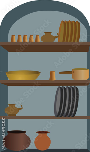 wall with arch box shelf and lamp. Drack display showcase for museum exhibition . wall niche for interior illustration isolated on white background.