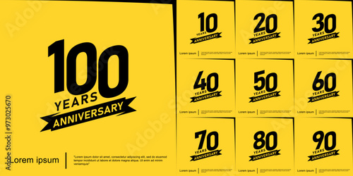 Set of 10-100 years anniversary celebration emblem. black logo isolated with ribbon on yellow background. vector illustration template design for web, flyers, poster, greeting card and invitation card