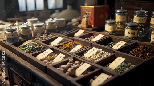ancient apothecary scene with a variety of Chinese herbs, each labeled and stored