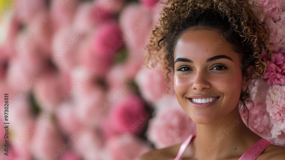 Woman wearing a pink ribbon, smiling and standing in front of a backdrop of pink flowers, symbolizing support for breast cancer. Woman wearing a pink ribbon, smiling and standing in front of a backdrop of pink flowers, symbolizing support for breast cancer.