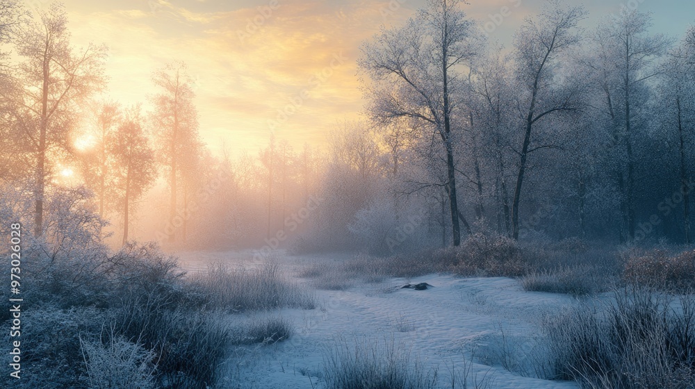 A frosty morning in the wild, with a thick layer of snow on the ground and the first light of dawn illuminating the winter trees. A frosty morning in the wild, with a thick layer of snow on the ground and the first light of dawn illuminating the winter trees.