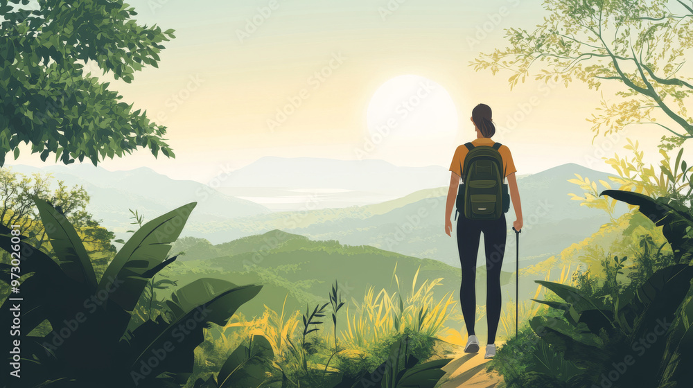 Fototapeta premium A nature hike with a person enjoying the fresh air and scenery, highlighting the importance of physical well-being
