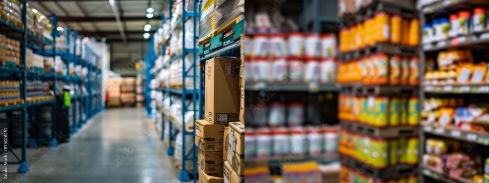 Fototapeta premium Warehouse Aisle with Stacked Boxes and Shelves
