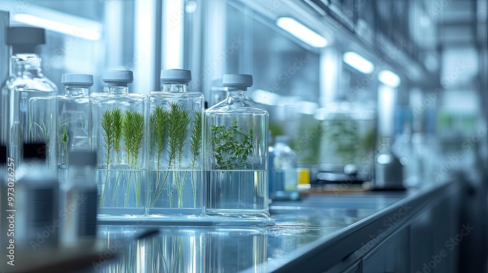 Glass Jars Containing Green Plants in a Laboratory Setting Glass Jars Containing Green Plants in a Laboratory Setting