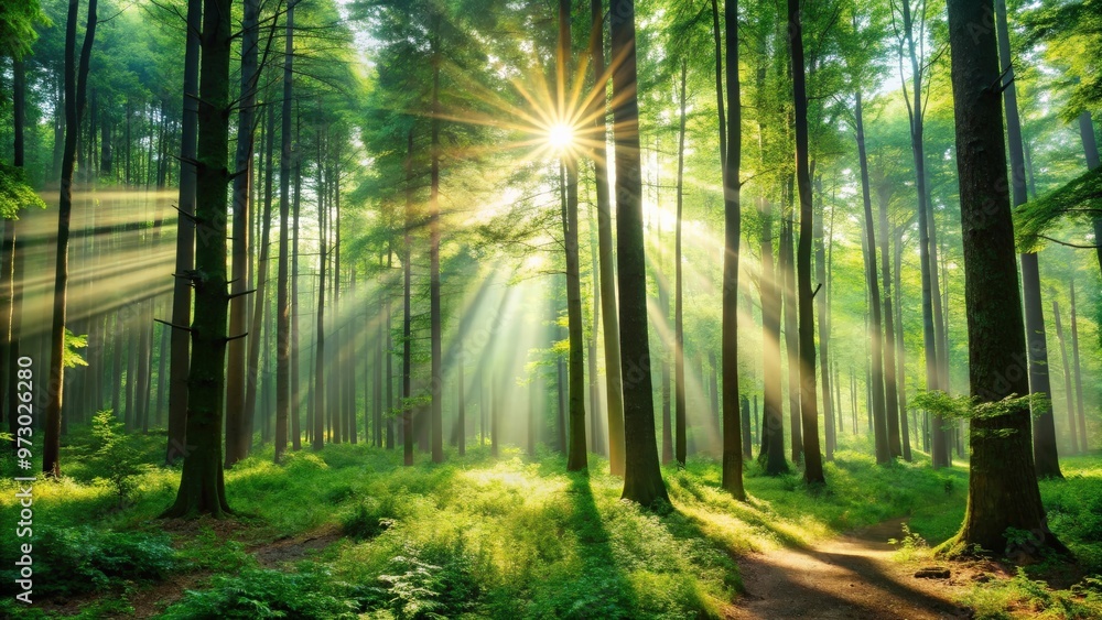 Naklejka premium High green trees in the forest with sun rays shining through, creating a serene and tranquil atmosphere, forest, green