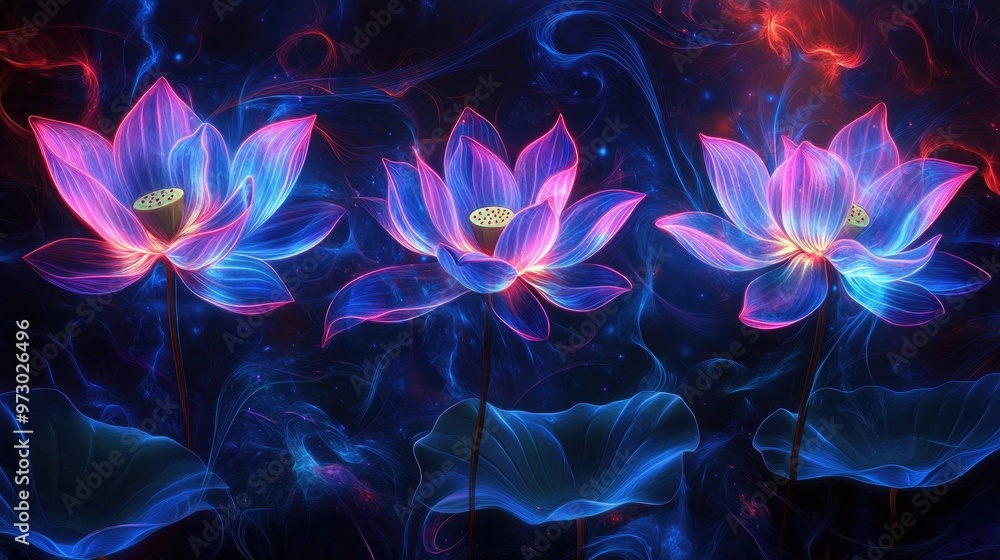 Electric blue, purple, and pink neon lotus flowers with glowing petals and swirling stems, creating a mesmerizing abstract composition Electric blue, purple, and pink neon lotus flowers with glowing petals and swirling stems, creating a mesmerizing abstract composition