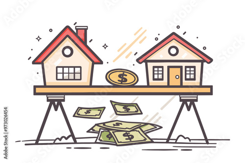 Balanced Seesaw with House and Money, Depicting Mortgage Payment and Income Management