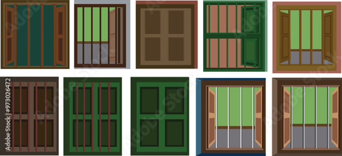 Set of square shaped wooden windows. Windows collection open and closed design.Isolated on white background 