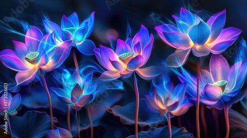Electric blue, purple, and pink neon lotus flowers with glowing petals and swirling stems, creating a mesmerizing abstract composition