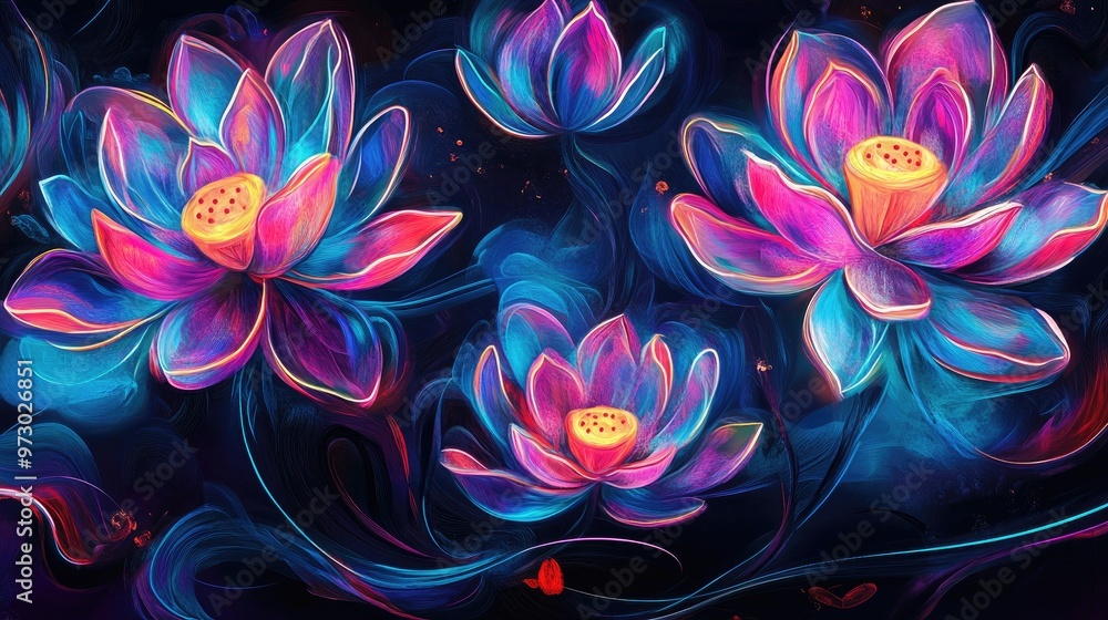 Electric blue, purple, and pink neon lotus flowers with glowing petals and swirling stems, creating a mesmerizing abstract composition Electric blue, purple, and pink neon lotus flowers with glowing petals and swirling stems, creating a mesmerizing abstract composition