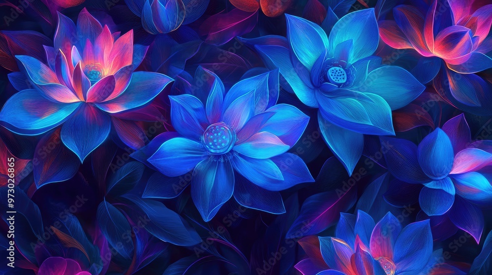 Electric blue, purple, and pink neon lotus flowers with glowing petals and swirling stems, creating a mesmerizing abstract composition Electric blue, purple, and pink neon lotus flowers with glowing petals and swirling stems, creating a mesmerizing abstract composition