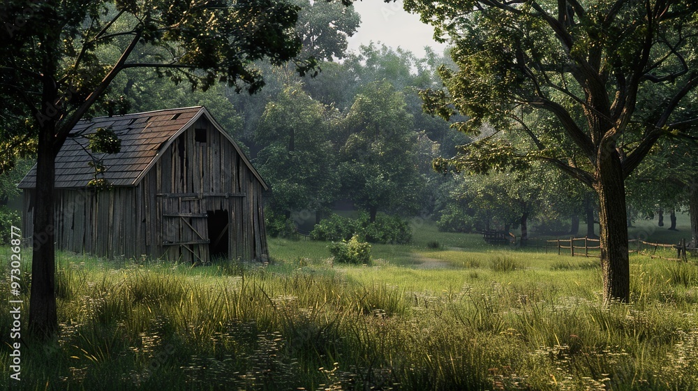 A weathered wooden barn stands in a clearing surrounded by tall trees, sunlight filtering through the leaves. A weathered wooden barn stands in a clearing surrounded by tall trees, sunlight filtering through the leaves.