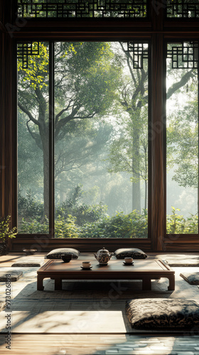 the asian style living tea room with the amazing view of the forest and mountain , water cove bay 