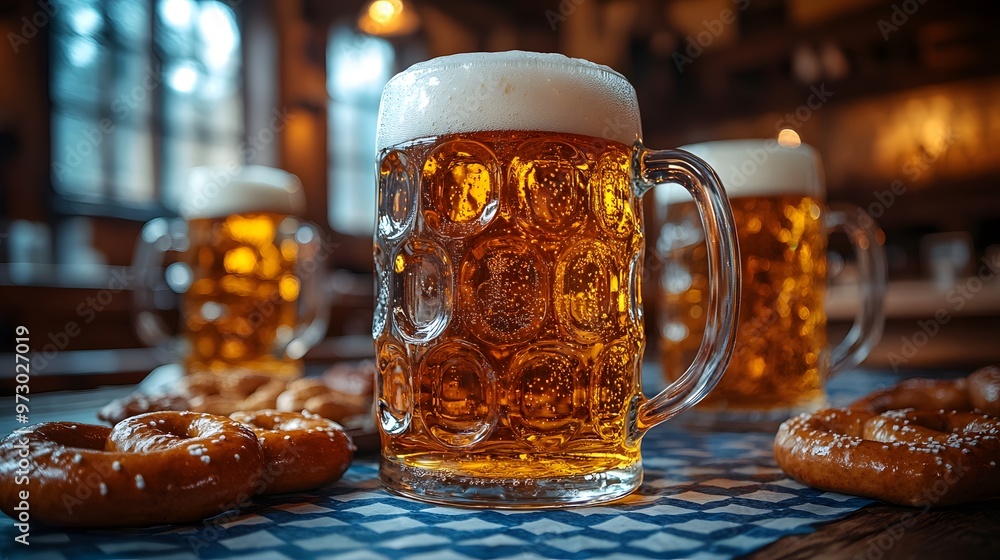 Close-up of frothy beer steins on a table with pretzels and sausages, surrounded by blue-and-white checkered patterns. Close-up of frothy beer steins on a table with pretzels and sausages, surrounded by blue-and-white checkered patterns.