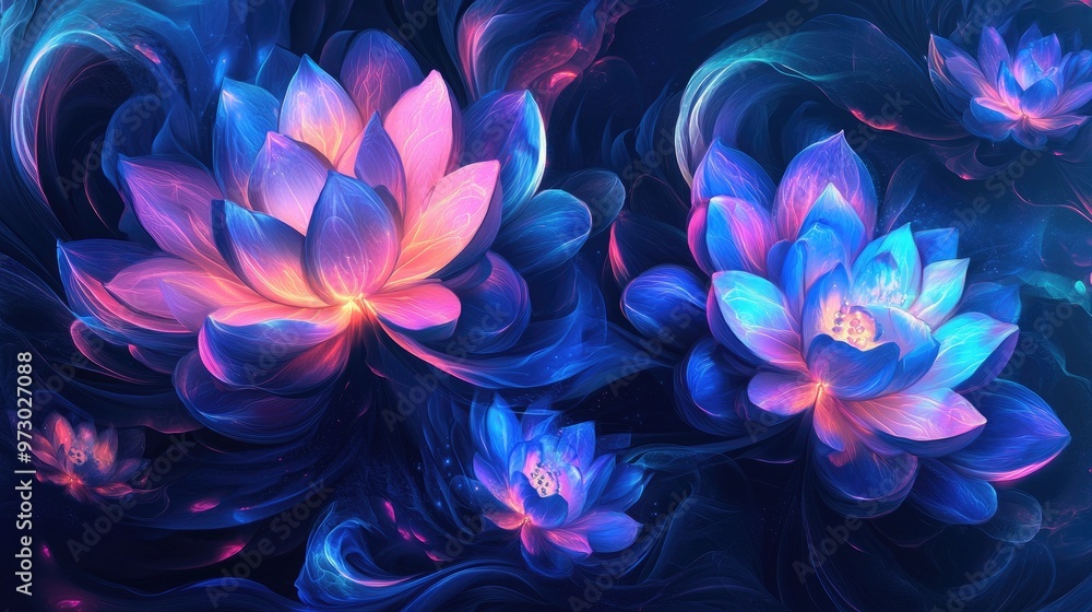 Electric blue, purple, and pink neon lotus flowers with glowing petals and swirling stems, creating a mesmerizing abstract composition Electric blue, purple, and pink neon lotus flowers with glowing petals and swirling stems, creating a mesmerizing abstract composition