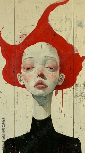 A portrait of a woman with red hair, painted in a realistic style with a textured background.