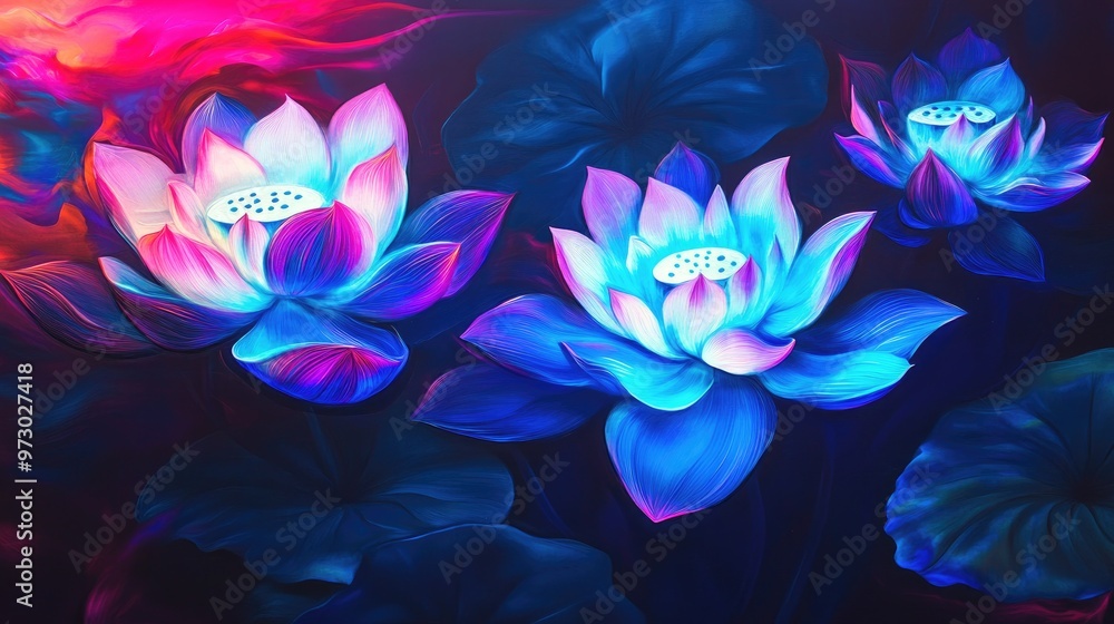 Electric blue, purple, and pink neon lotus flowers with glowing petals and swirling stems, creating a mesmerizing abstract composition Electric blue, purple, and pink neon lotus flowers with glowing petals and swirling stems, creating a mesmerizing abstract composition