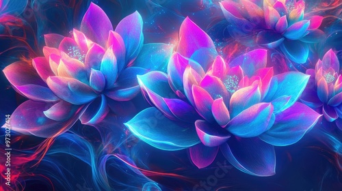 Electric blue, purple, and pink neon lotus flowers with glowing petals and swirling stems, creating a mesmerizing abstract composition