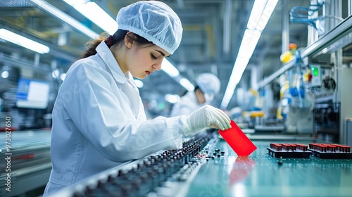 Woman in a lab coat working in a factory setting