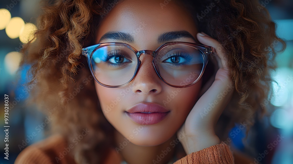 Young woman checking her eyesight and choosing glasses. Young woman checking her eyesight and choosing glasses.