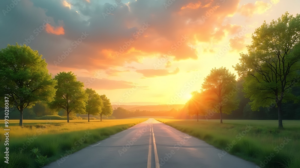 Landscape with lush green trees against a dramatic sunset sky, creating a peaceful atmosphere. Ideal for nature-themed projects, backgrounds, or outdoor photography. Landscape with lush green trees against a dramatic sunset sky, creating a peaceful atmosphere. Ideal for nature-themed projects, backgrounds, or outdoor photography.