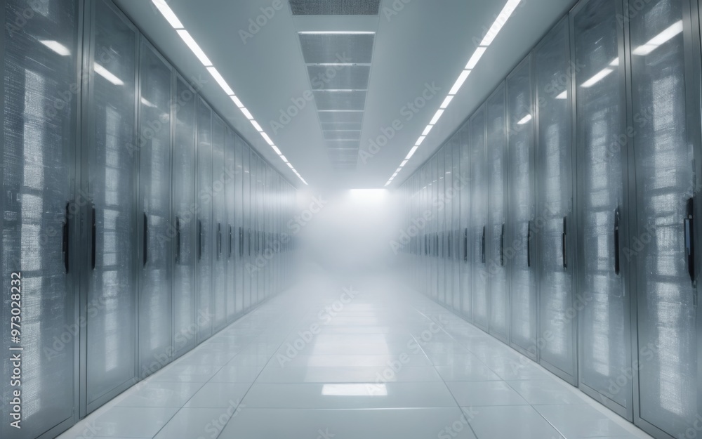 Futuristic Data Center Corridor with Rows of Servers, Storage Ca Futuristic Data Center Corridor with Rows of Servers, Storage Ca