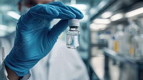 A Gloved Hand Holding a Glass Vial in a Laboratory Setting