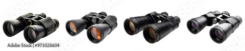 Four distinct pairs of binoculars showcasing various designs and features.