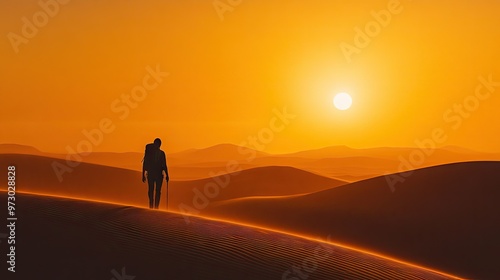 A hiker's silhouette against the vast expanse of a summer desert, with the sun low on the horizon and golden dunes stretching out before them.