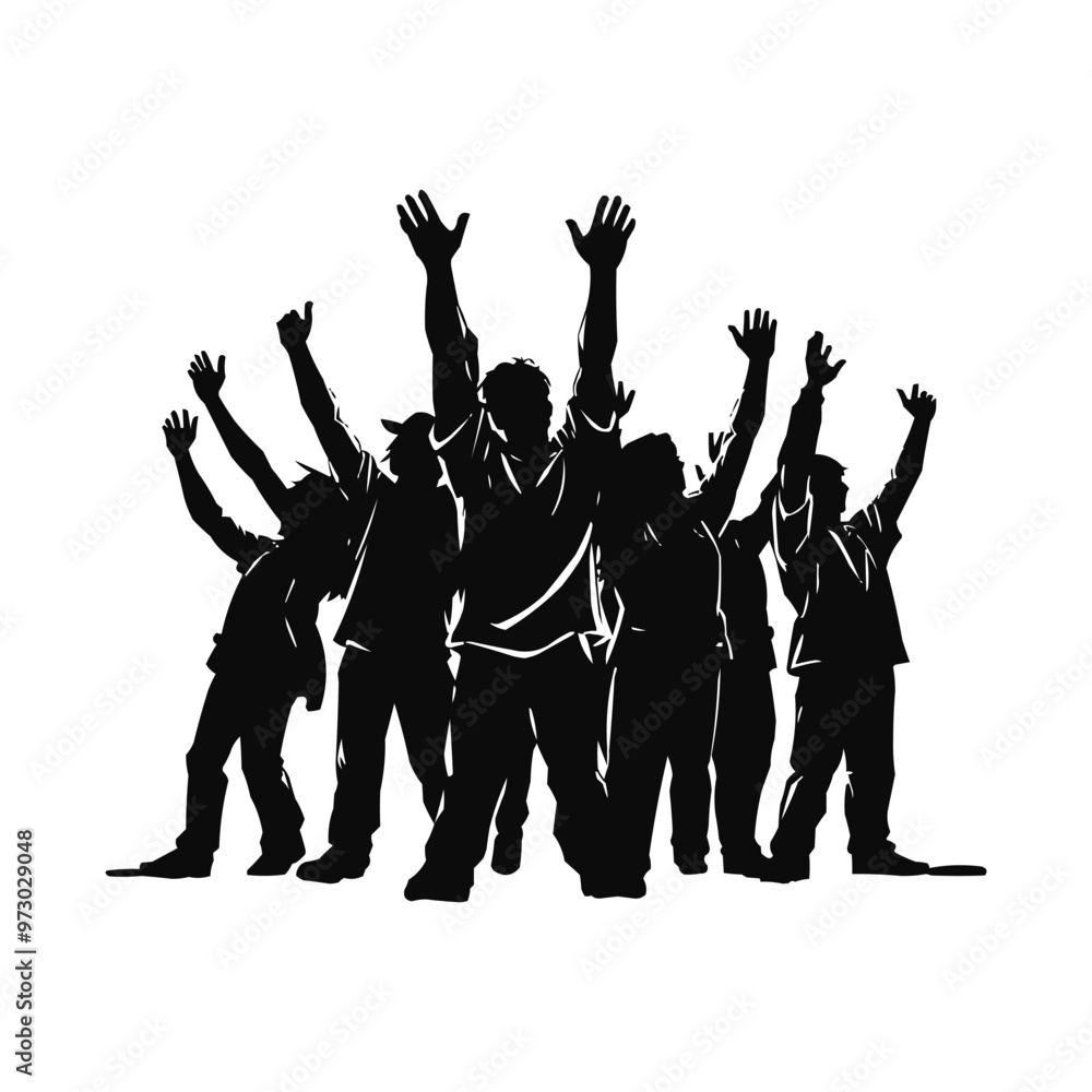 Fototapeta premium People Silhouettes. Silhouette of a Group of people with their hands raised at sunset or sunrise.