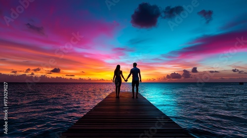 A couple holding hands while standing on a pier, watching the sun rise over the ocean, watercolor light reflecting on the water photo