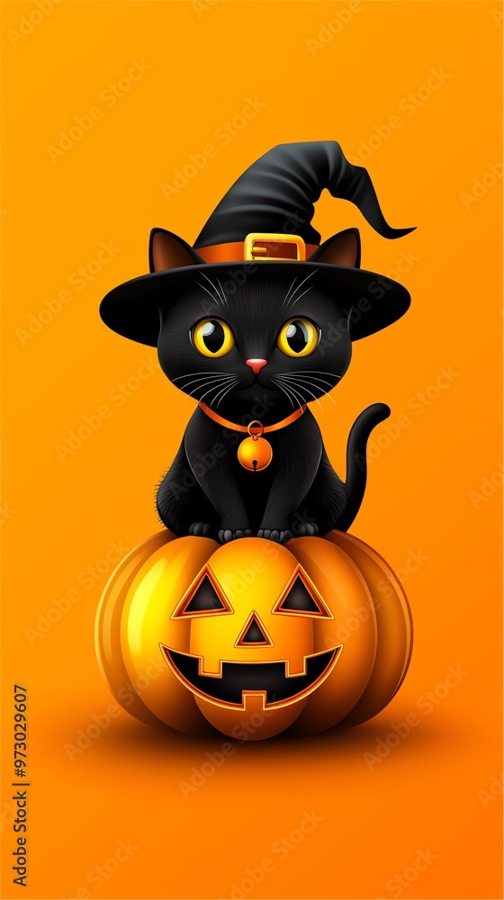 A cute black cat wearing a witch hat sits on a carved pumpkin, perfect for Halloween-themed designs and decorations. A cute black cat wearing a witch hat sits on a carved pumpkin, perfect for Halloween-themed designs and decorations.