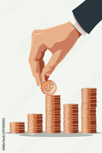 Boss hand adding coins to stack, symbolizing increase in payments and happy woman office worker rejoicing in salary raise.