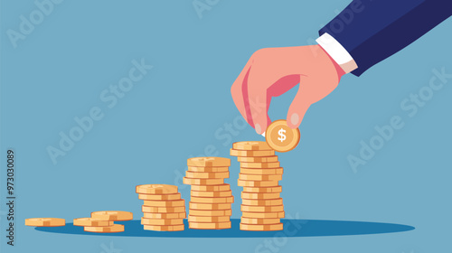 Boss hand adding coins to stack, symbolizing increase in payments and happy woman office worker rejoicing in salary raise.