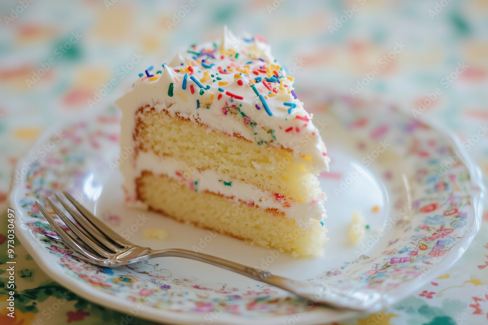 slice of cake with a lit candle on top. The cake is decorated with colorful sprinkles and is placed on a pink plate slice of cake with a lit candle on top. The cake is decorated with colorful sprinkles and is placed on a pink plate