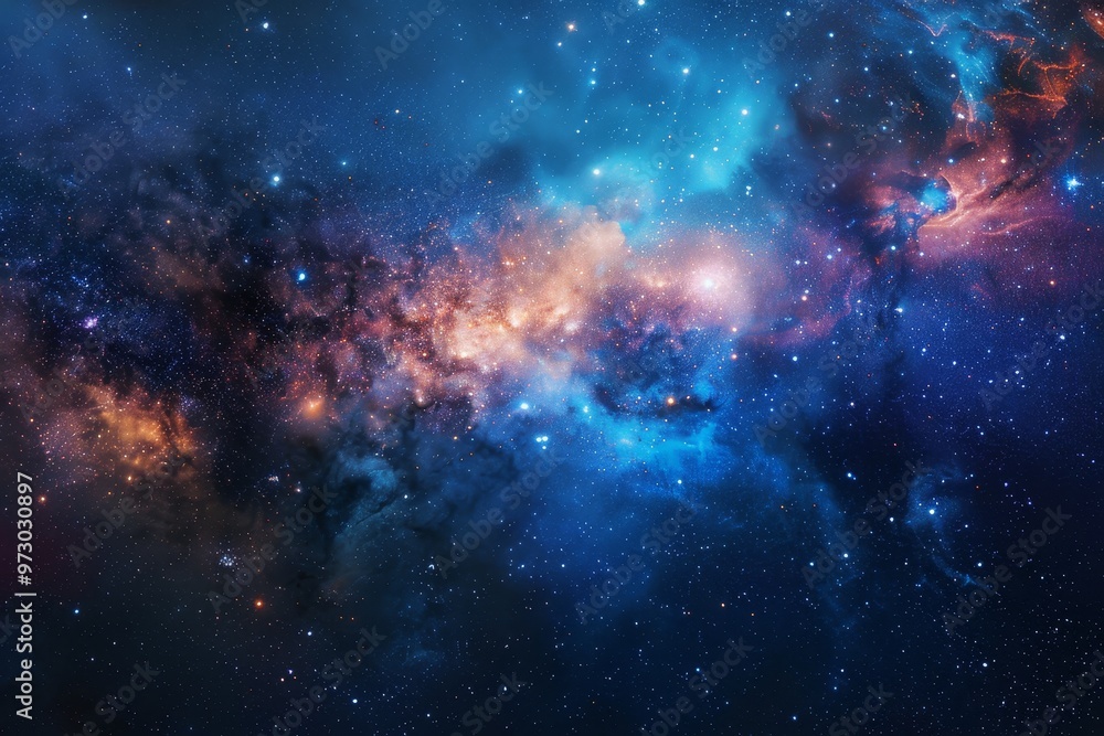 Obraz premium In the vastness of space, a stunning cosmic nebula radiates vibrant colors, with swirling blues and oranges highlighting the mysterious beauty of the galaxy.
