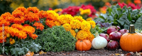 A Still Life of Autumn Harvest with Orange and Yellow Flowers, Pumpkins, and Red Onions, fall, garden, harvest