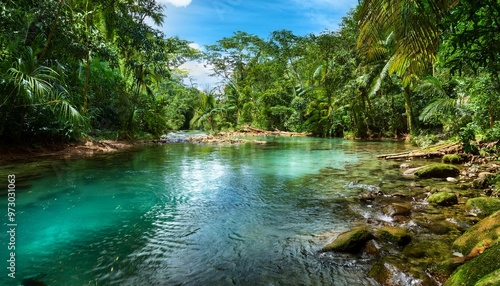 Crystal-Clear River Flowing through a Verdant Rainforest with Exotic Wildlife