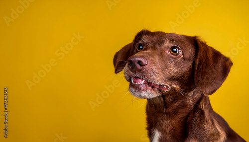 funny behavior of brown dog isolated on light yellow background