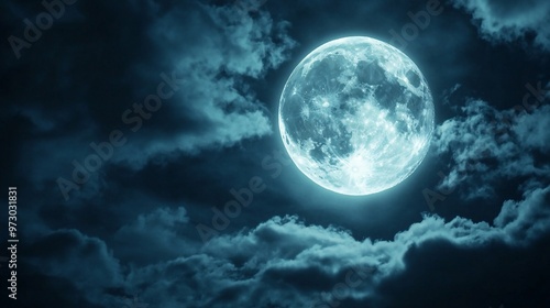 Full moon shining on cloudy Night sky background.