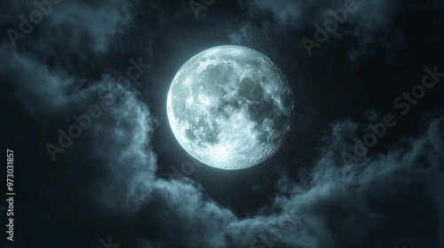 Full moon shining on cloudy Night sky background.