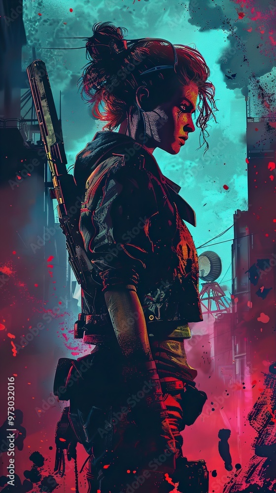 Obraz premium A woman in a leather jacket stands in a futuristic cityscape with a weapon strapped to her back.