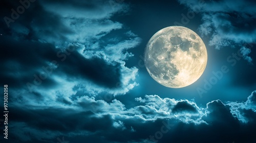 Full moon shining on cloudy Night sky background.
