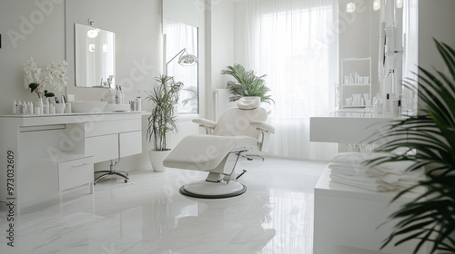 A clean, white beauty salon, is ready for clients. It's perfect for facials and other treatments. The photo shows the empty room, highlighting its high quality.