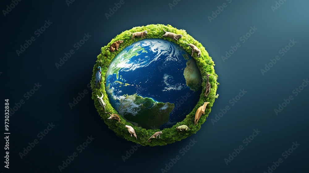 A vibrant planet surrounded by greenery, symbolizing nature and the importance of environmental conservation. A vibrant planet surrounded by greenery, symbolizing nature and the importance of environmental conservation.