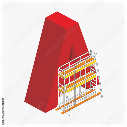 Isometric tubular scaffolding with letter A shape of structure vector illustration. Connected steel pipes by couplers for falsework and work platforms. Construction equipment for work at height.