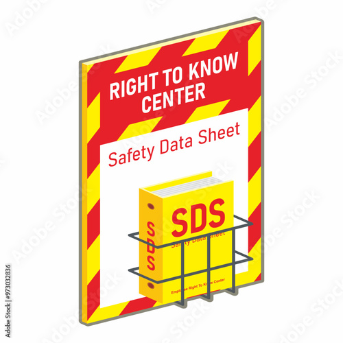 Isometric safety data sheet document holder with sign  location vector illustration. Industrial standard for chemical material storage.
